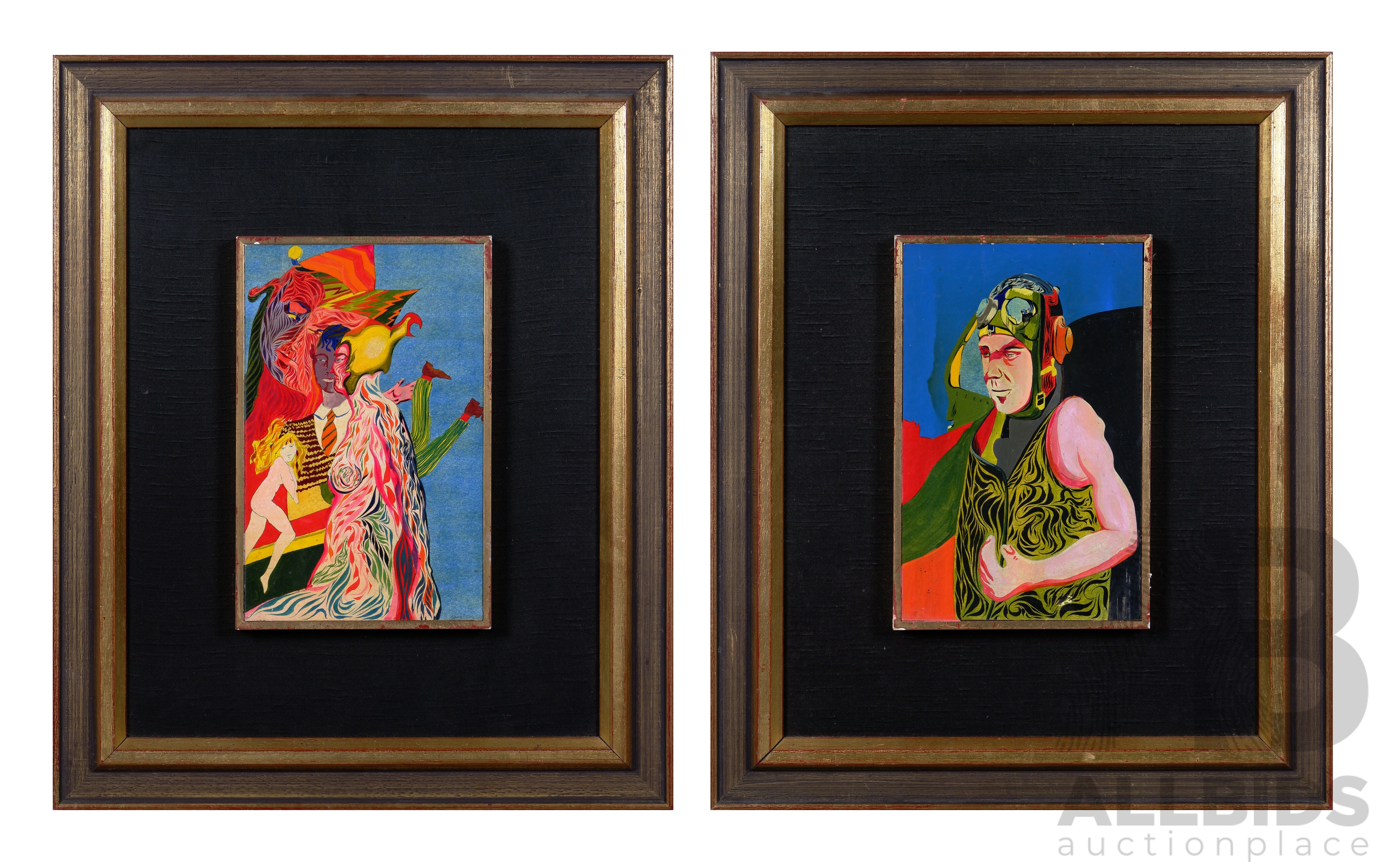 Artwork by Michael Allen Shaw, Michael Allen Shaw, (20th Century, British-Australian, 1937-), Untitled - Psychedelic Figures and Aviator, (c1965), Enamel on Card, 39, Made of Enamel on Card