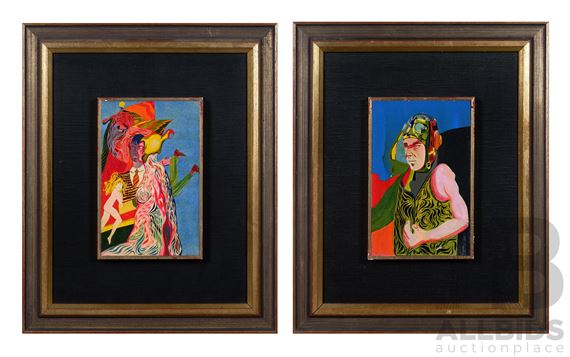 Michael Allen Shaw, (20th Century, British-Australian, 1937-), Untitled - Psychedelic Figures and Aviator, (c1965), Enamel on Card, 39 - Michael Allen Shaw