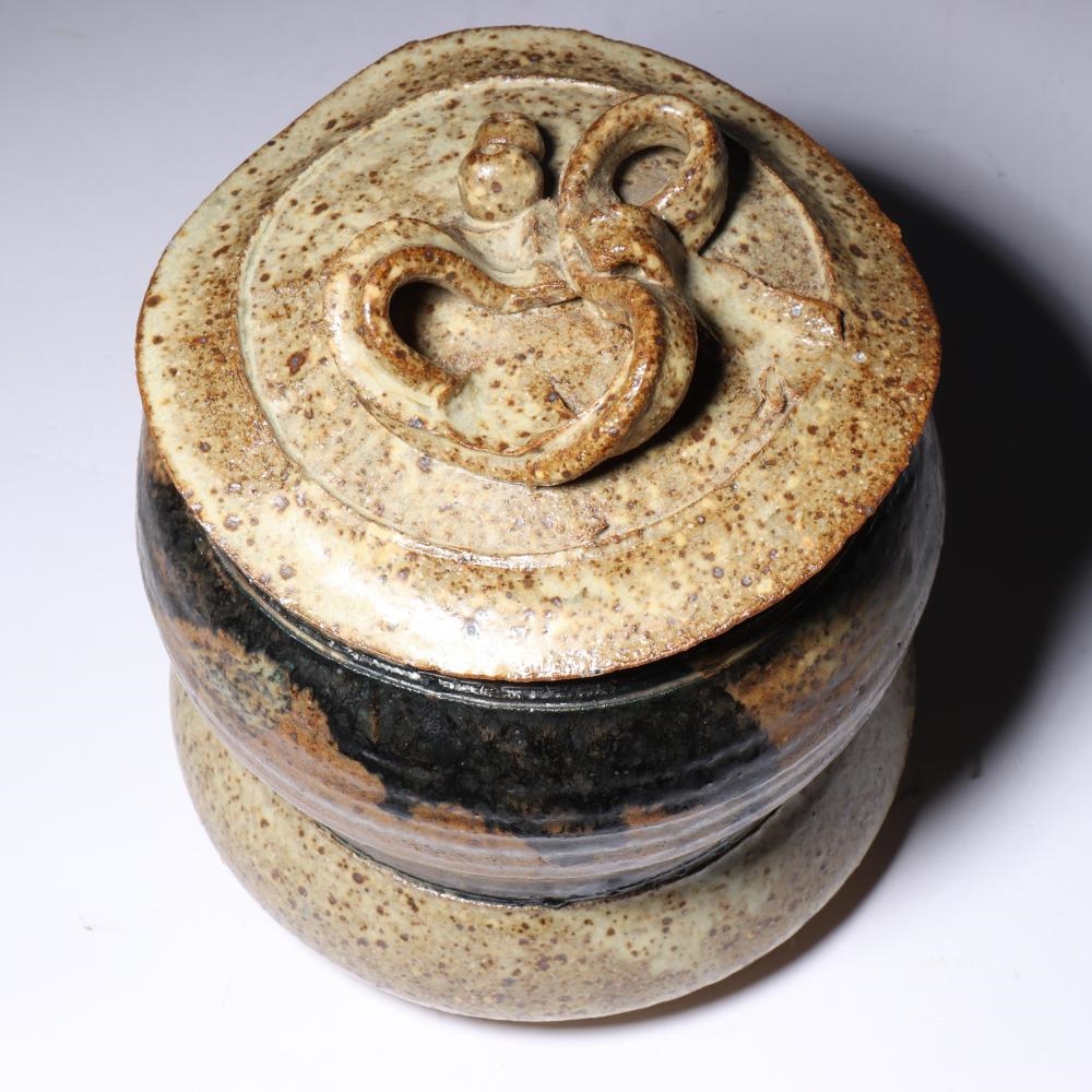 Artwork by Dan Edler, studio art pottery vessel with lid, Made of glazed stoneware