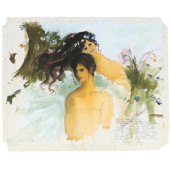 A watercolor study of a figure with long dark hair and a bare torso, set against a soft blue background.