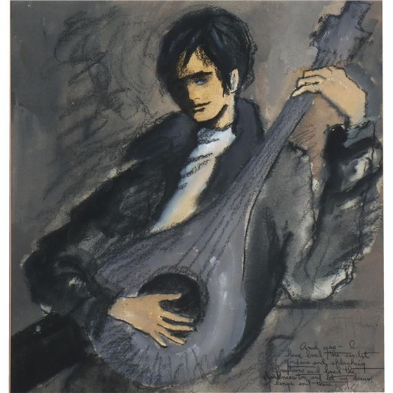 A sketchy portrait of a figure holding a stringed instrument against a muted background.
