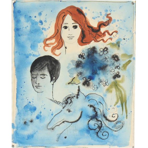 A whimsical watercolor illustration blending a red-haired figure, a serene face, and a unicorn amidst blue splashes.