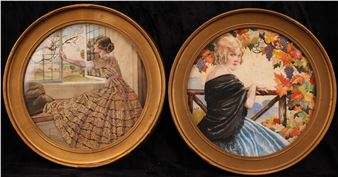 a pair, Lady with Grapevines and Lady with Cherry Blossom - Lawrence Sterne Stevens