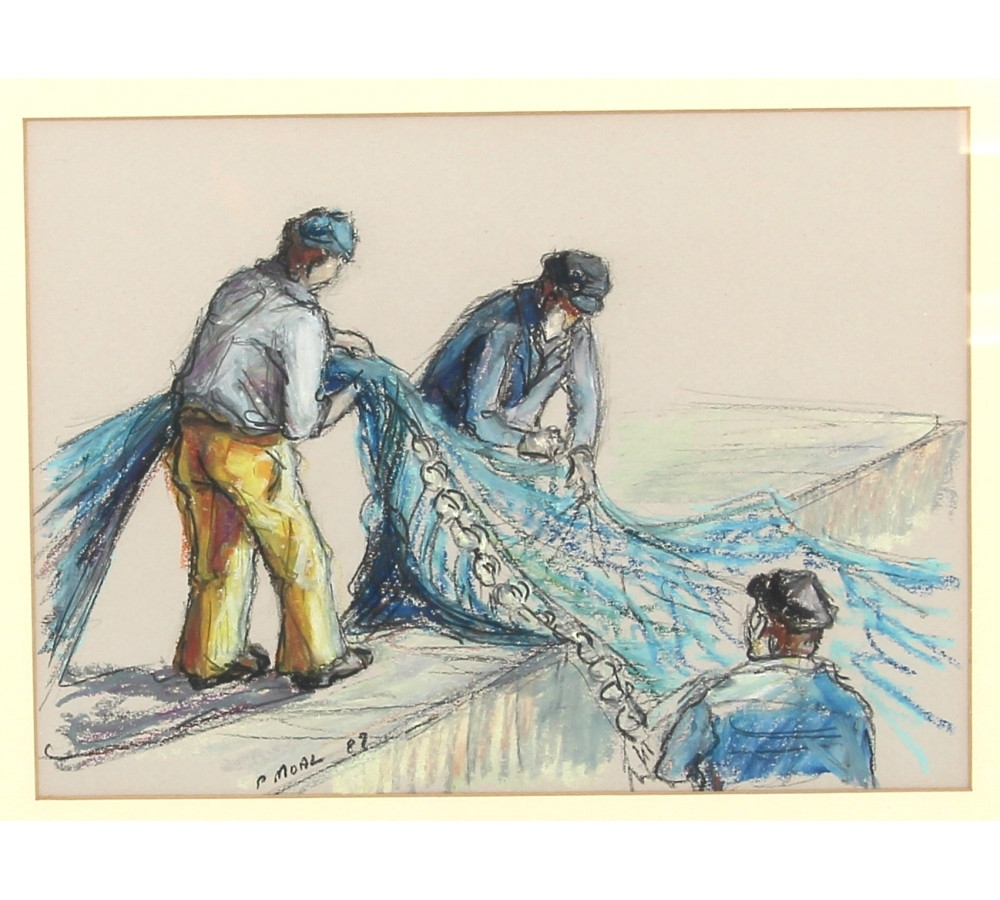 Artwork by Moal Paul, "Pêcheurs au filet", Made of pastel