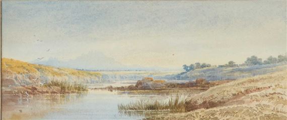 COLONEL AYRTON PULLAN (1834-1911) AN INDIAN RIVER LANDSCAPE WITH MOUNTAINS BEYOND - Colonel Ayrton Pullan