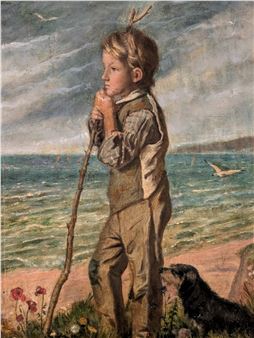 A portrait of Gilbert Baird Fraser with his dog overlooking the coast - Francis Arthur Fraser