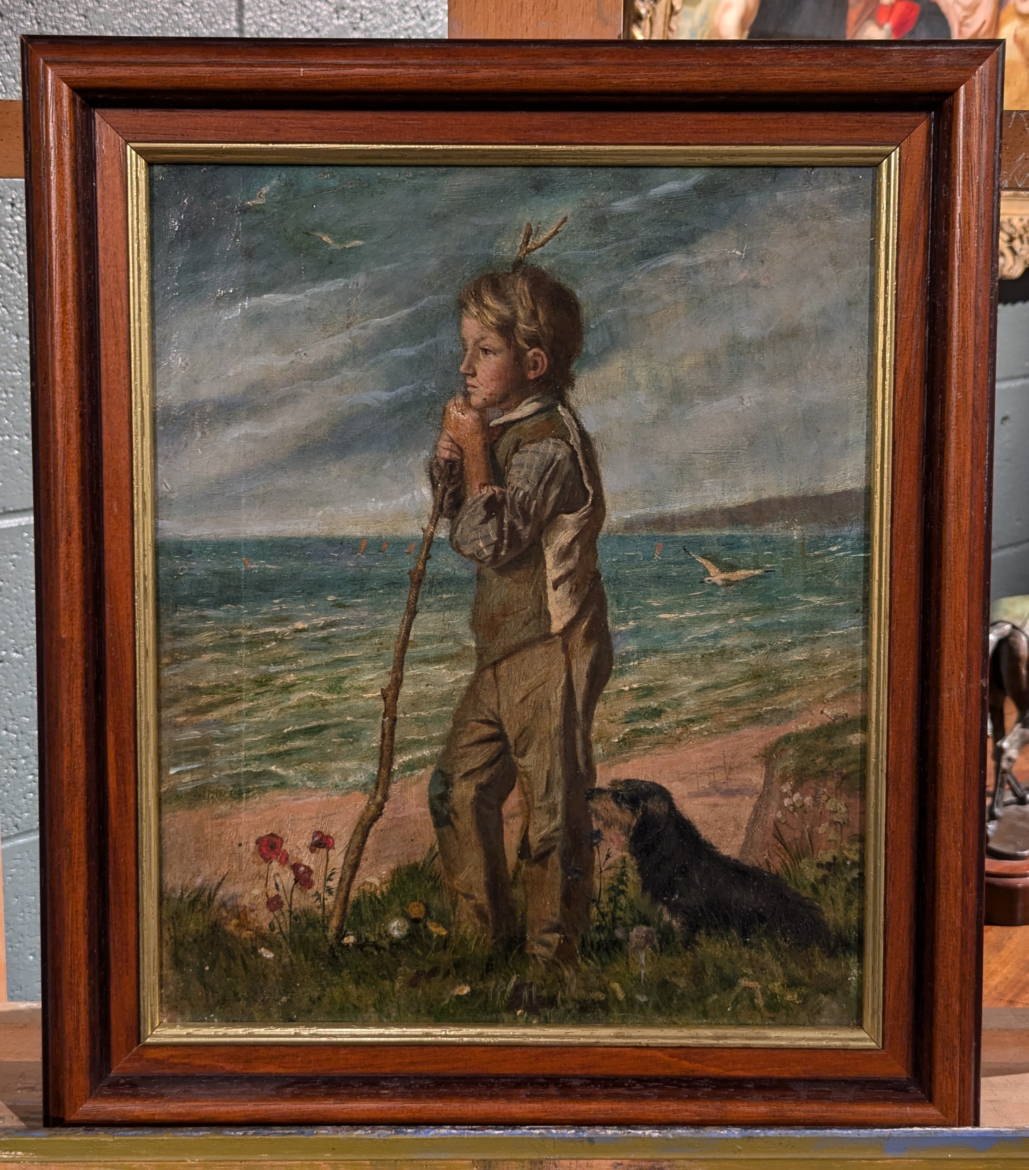 Artwork by Francis Arthur Fraser, A portrait of Gilbert Baird Fraser with his dog overlooking the coast, Made of oil on canvas