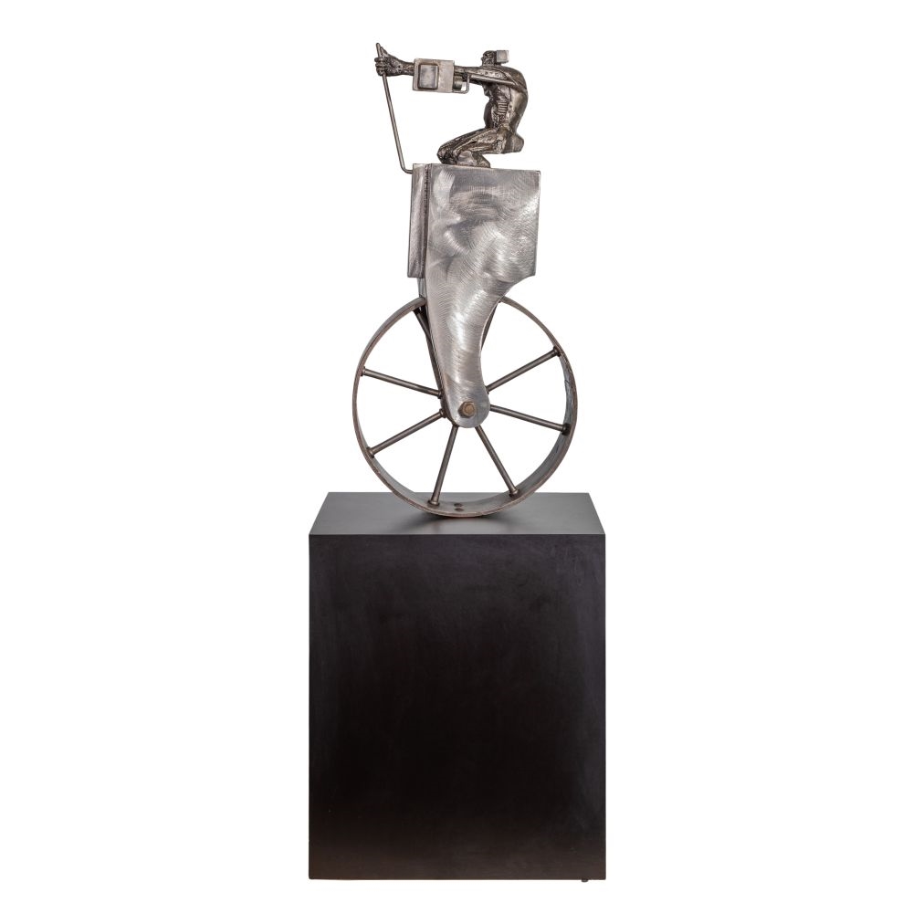 Artwork by Theodore Gall, Steel Sculpture, Made of brushed welded steel, on a black wood pedestal