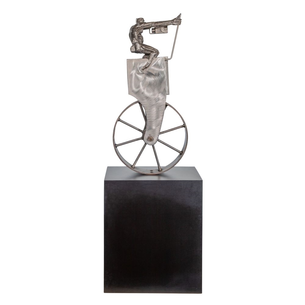 Artwork by Theodore Gall, Steel Sculpture, Made of brushed welded steel, on a black wood pedestal