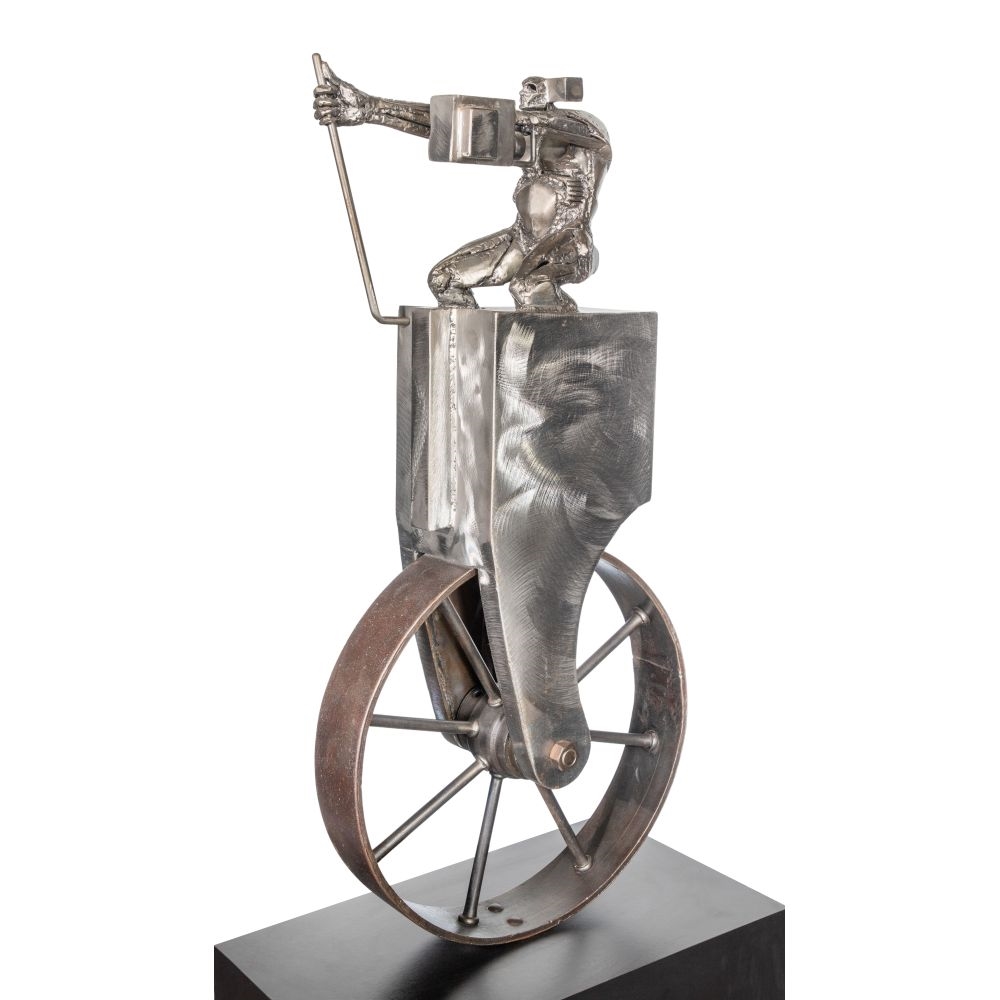 Artwork by Theodore Gall, Steel Sculpture, Made of brushed welded steel, on a black wood pedestal
