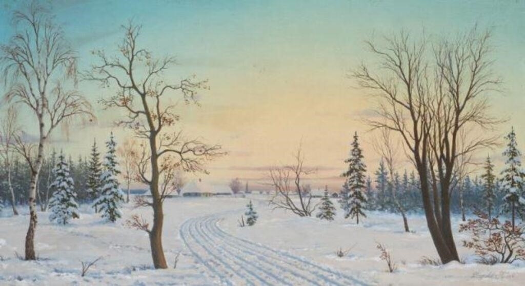 Artwork by Leopold Swider, Winter Village Scene, Painting by Leopold Swider, Made of Oil on board