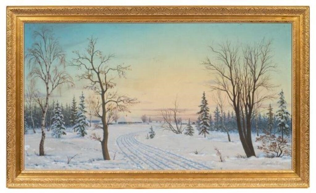 Artwork by Leopold Swider, Winter Village Scene, Painting by Leopold Swider, Made of Oil on board