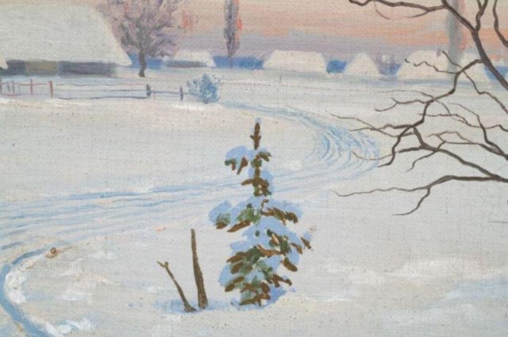 Artwork by Leopold Swider, Winter Village Scene, Painting by Leopold Swider, Made of Oil on board