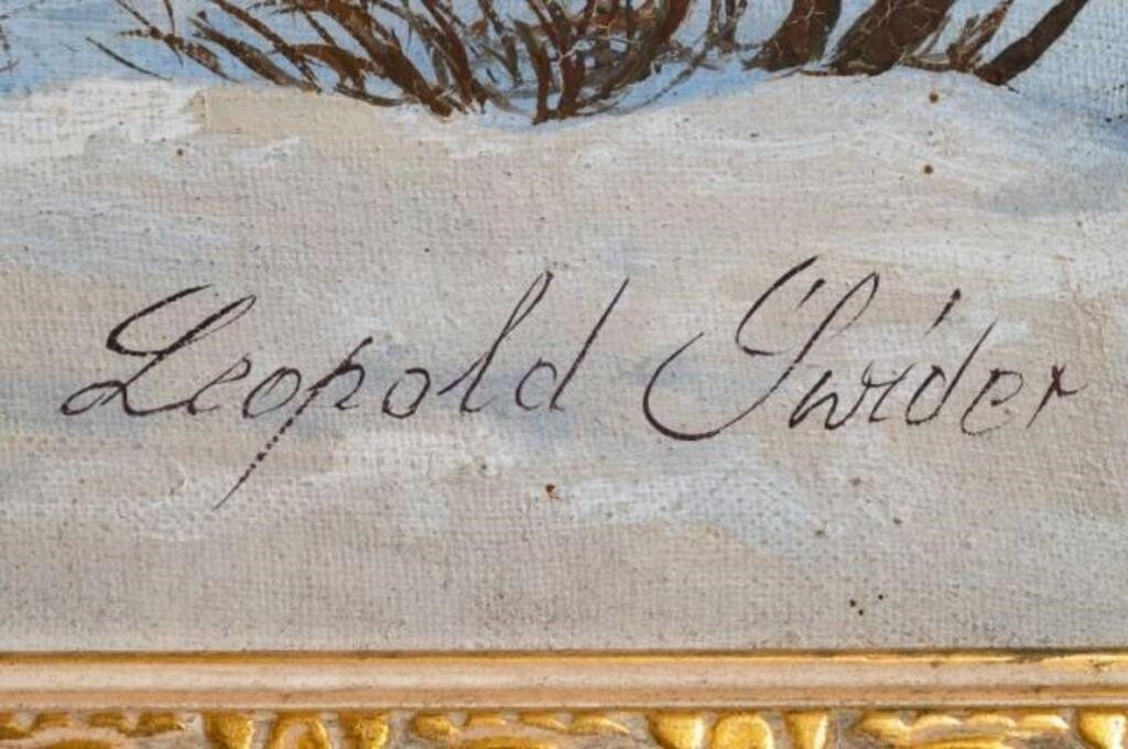 Artwork by Leopold Swider, Winter Village Scene, Painting by Leopold Swider, Made of Oil on board