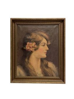 Portrait side profile of a woman with long hair adorned with flowers - Richard Epperly