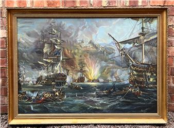 OILS ON CANVAS BY E PENA SPANISH NAVAL BATTLE IN LARGE - E. Pena