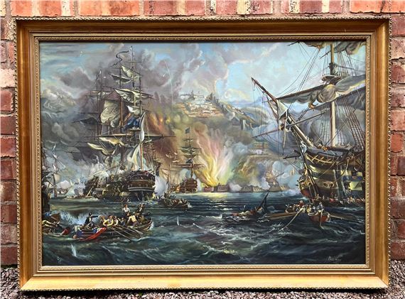 OILS ON CANVAS BY E PENA SPANISH NAVAL BATTLE IN LARGE by E. Pena, 1972