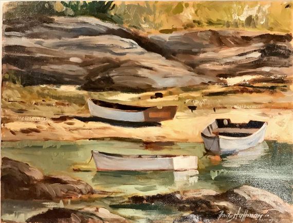 Fritz Hoffman Oil Painting “Rowboats” Measures 16” x 12 by Fritz Hoffman, 1930