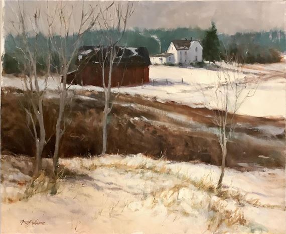 Fritz Hoffman Oil Painting of Farm in Winter Measures 20” x 16 by Fritz Hoffman, 1930
