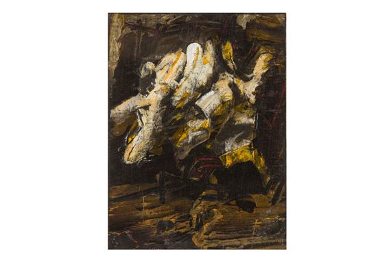 A textured abstract painting featuring a large, pale, organic form against a dark background.