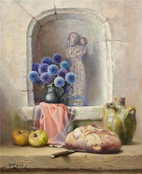 Still Life - Pewter Jug of Thistles with Bread by Robert Chailloux, 1991