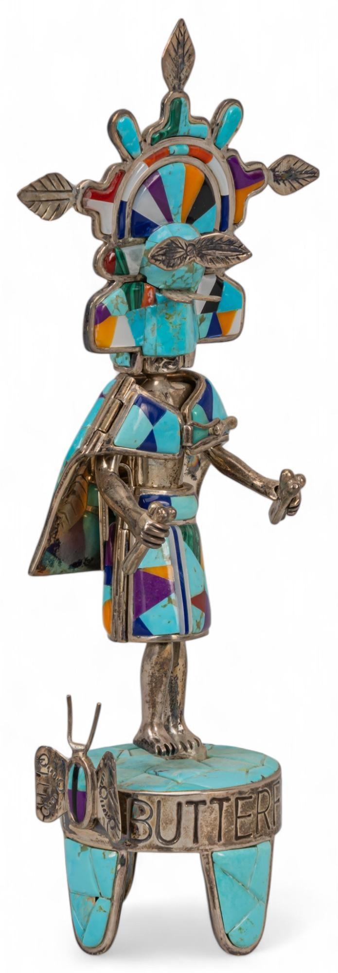 Artwork by David Freeland , Butterfly, Made of sterling silver Kachina figurine with turquoise