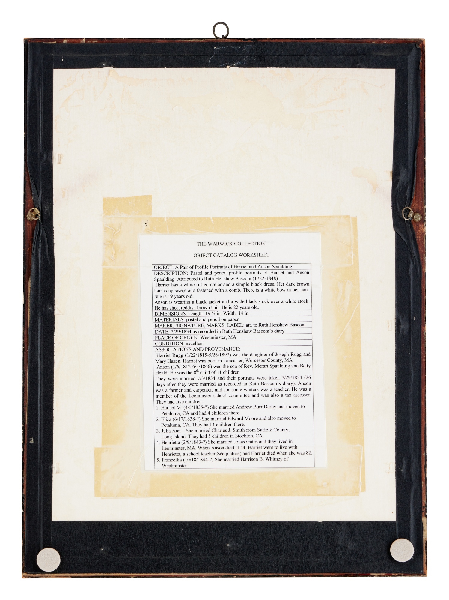 Artwork by Ruth Henshaw Miles Bascom, Harriet and Anson Spaulding of Westminster, Massachusetts, Made of Pastel and graphite on paper (2)