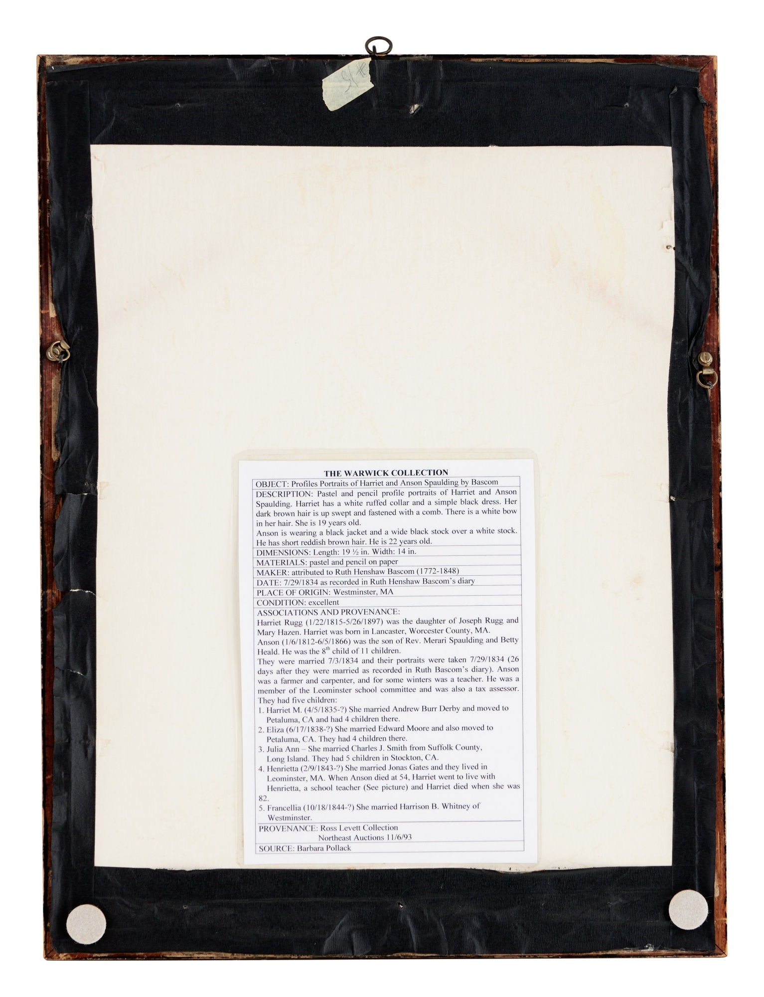 Artwork by Ruth Henshaw Miles Bascom, Harriet and Anson Spaulding of Westminster, Massachusetts, Made of Pastel and graphite on paper (2)