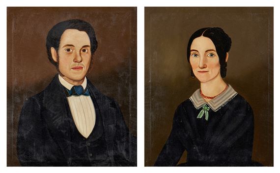 A diptych portrait of a man and woman in formal attire against dark backgrounds.