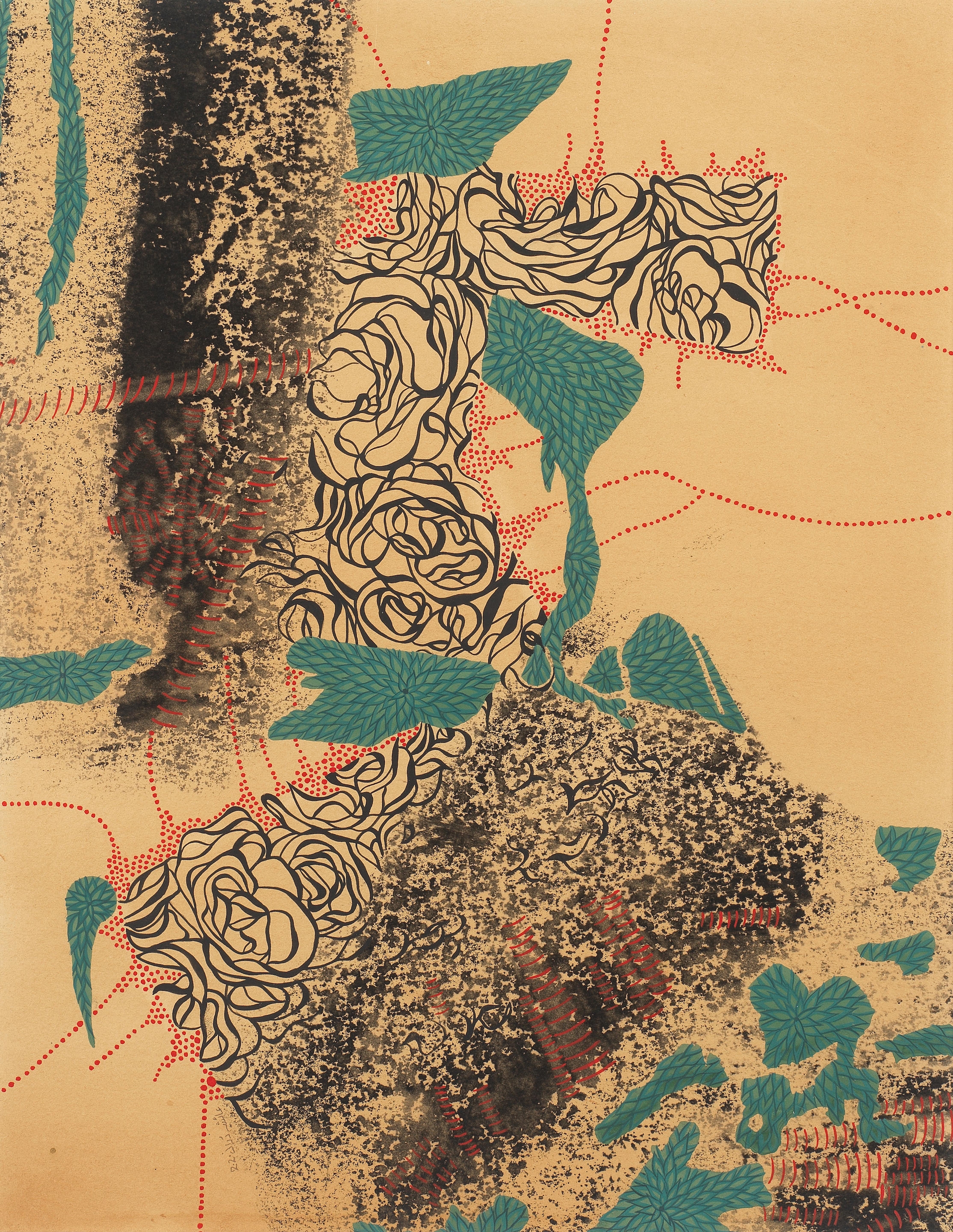 A layered collage of floral patterns and abstract textures on a beige background.