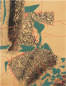 A layered collage of floral patterns and abstract textures on a beige background.