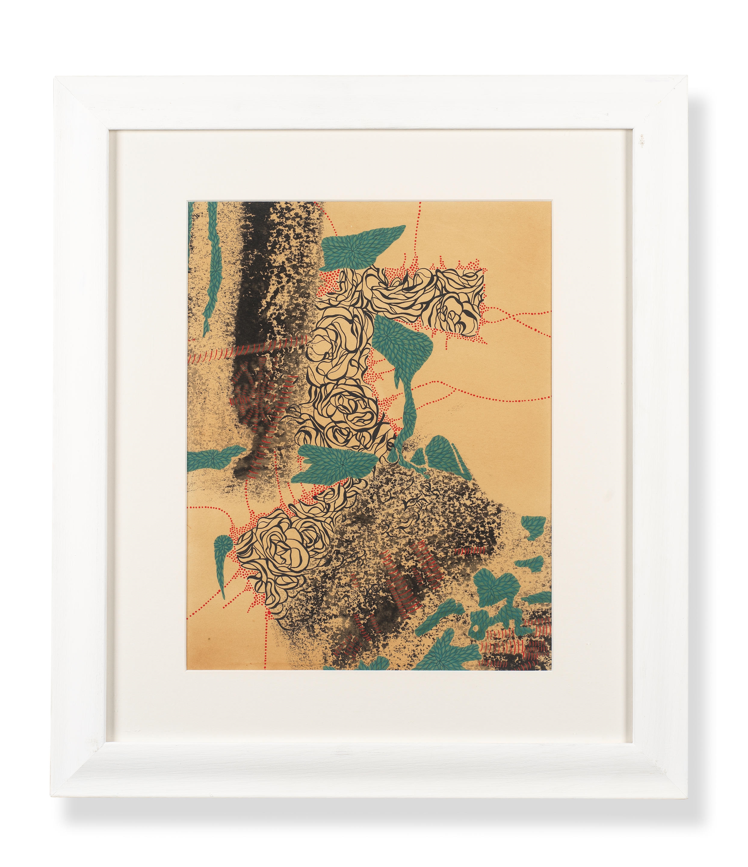 A layered collage of floral patterns and abstract textures on a beige background.
