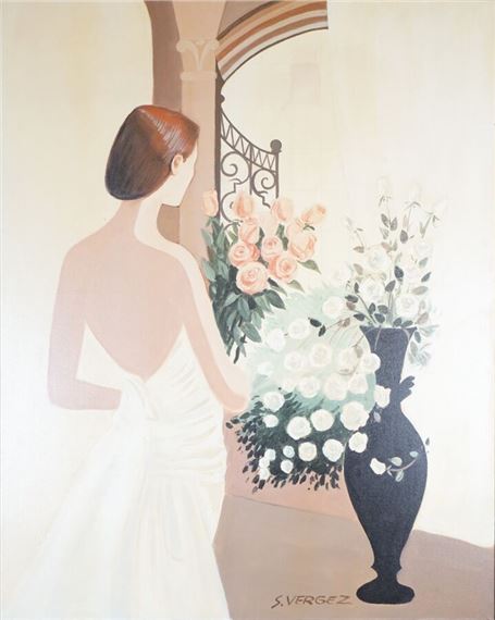 Élégante au vase de roses - Serge Vergez