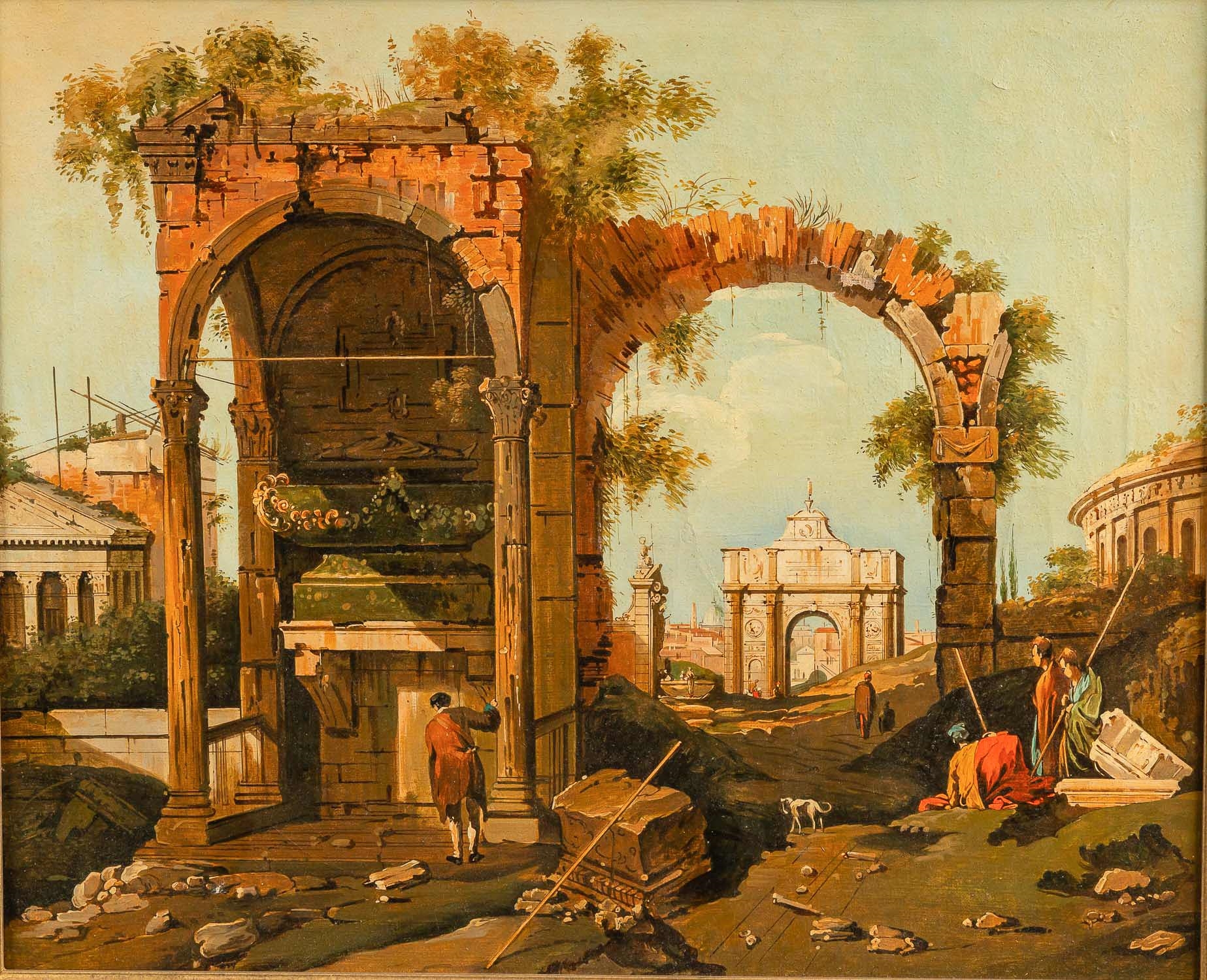 Artwork by Canaletto, Capricio with monuments and visitors, Made of oil on canvas