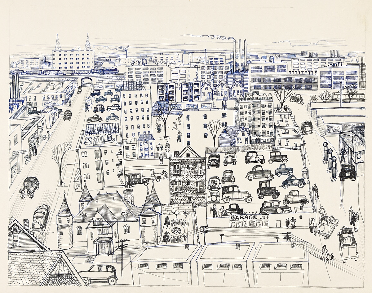 Artwork by Lucienne Bloch, Detroit, Made of Pen with blue and black ink on cream wove paper