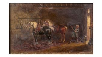 Two horses harnessed at the stable - Auguste Sebastien Benard