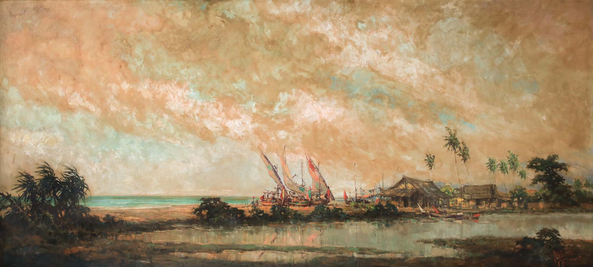 Artwork by R. Hadi, Fisherman Village (Kampung Nelayan), Made of Oil on canvas
