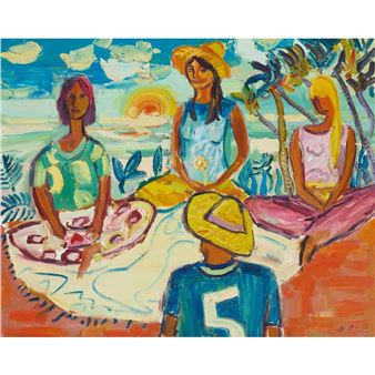 A vibrant painting of a group picnic scene with figures in bright colors against a sunny sky.