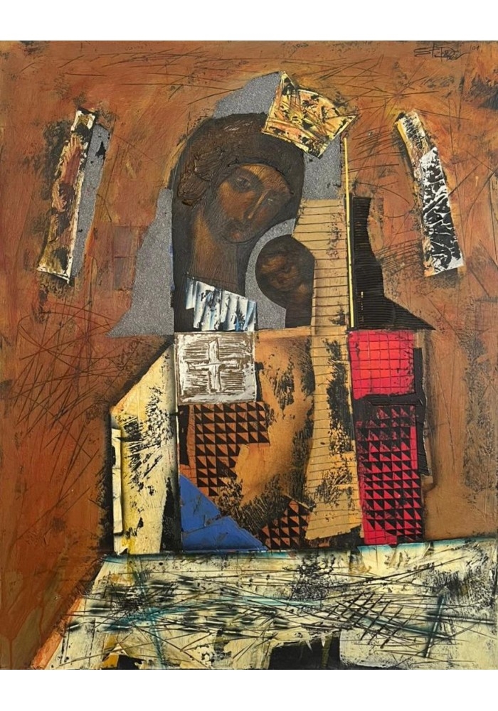 Artwork by Stoian Donev, TITLE : COMPOSITION, Made of OIL ON CANVAS AND METAL PLATE