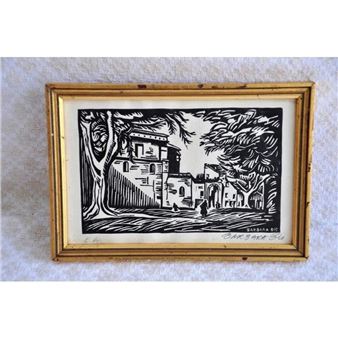 Woodcut Print signed Barbara Bis. Frame - Barbara Bis