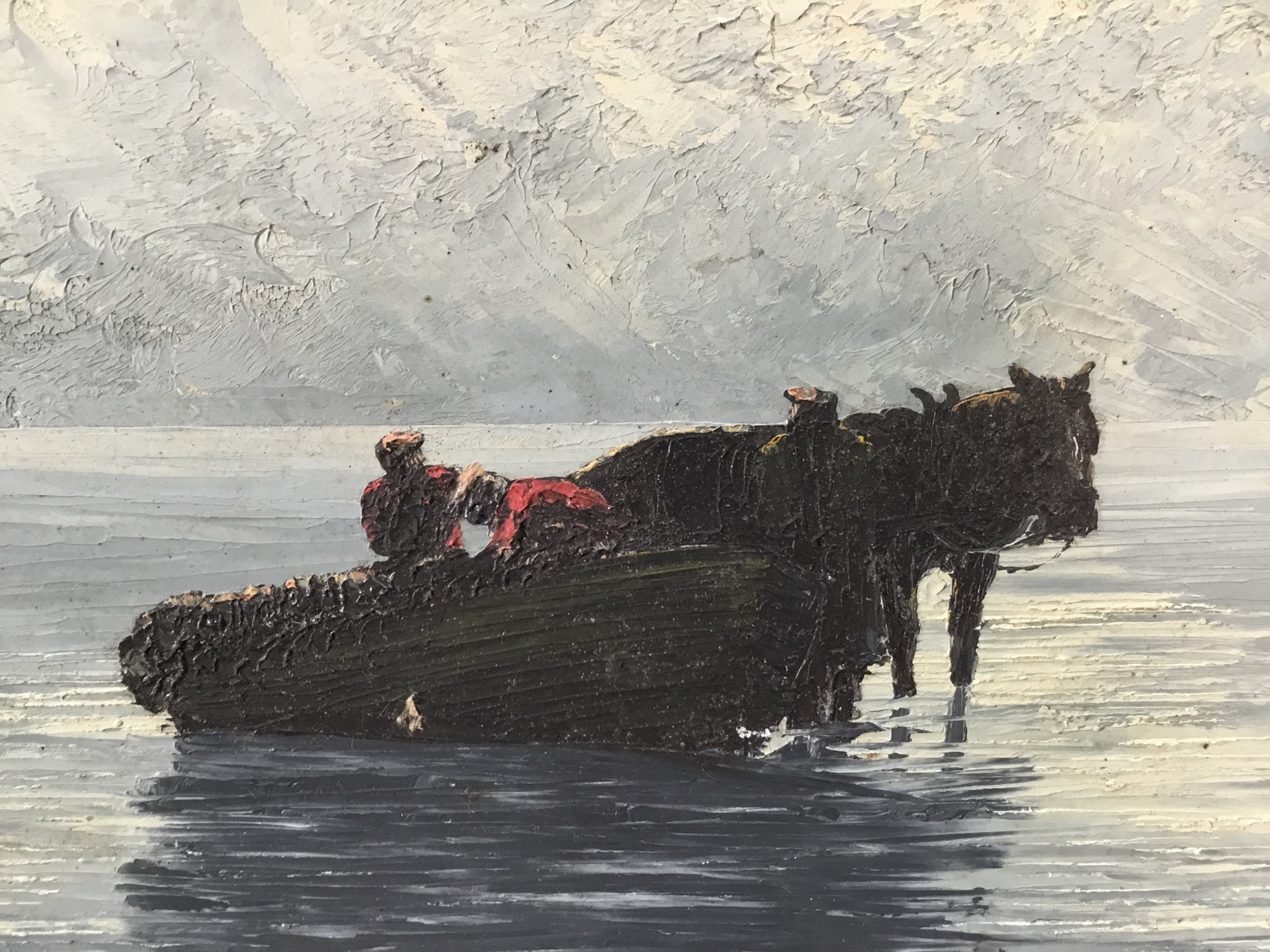 Artwork by Hunter Barr, Unloading the catch, Made of oil on board