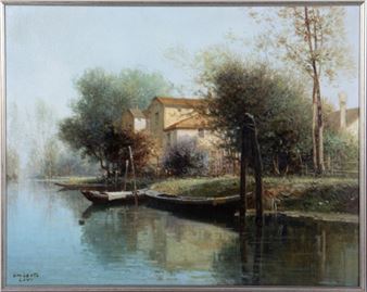 Untitled (River landscape with houses and rowboats) - Umberto Levi