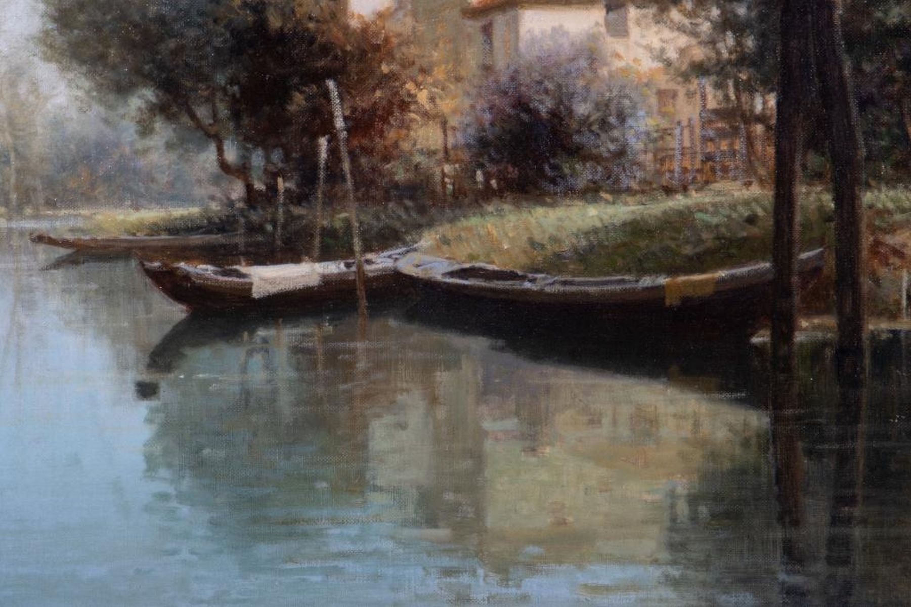 Artwork by Umberto Levi, Untitled (River landscape with houses and rowboats), Made of Oil on board