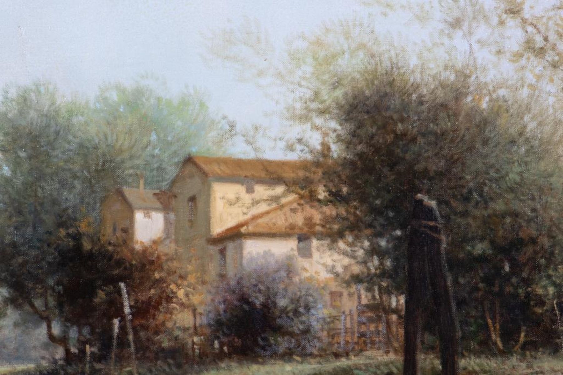 Artwork by Umberto Levi, Untitled (River landscape with houses and rowboats), Made of Oil on board