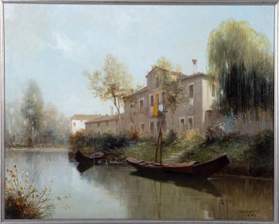Artist: Umberto Levi (b. 1930) Medium: Oil on board Title: Untitled (River landscape with houses - Umberto Levi