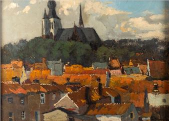 View of a town with a church atop a hill -
Oil on board - James Levin Henry