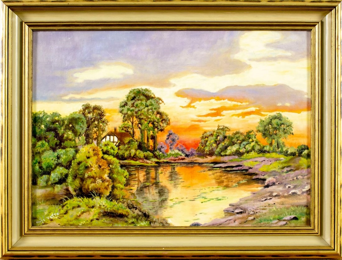 Artwork by Hope Vette, Sunset Pond Landscape, Made of oil on canvas. Canvas applied to board