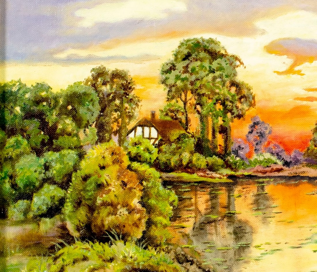 Artwork by Hope Vette, Sunset Pond Landscape, Made of oil on canvas. Canvas applied to board