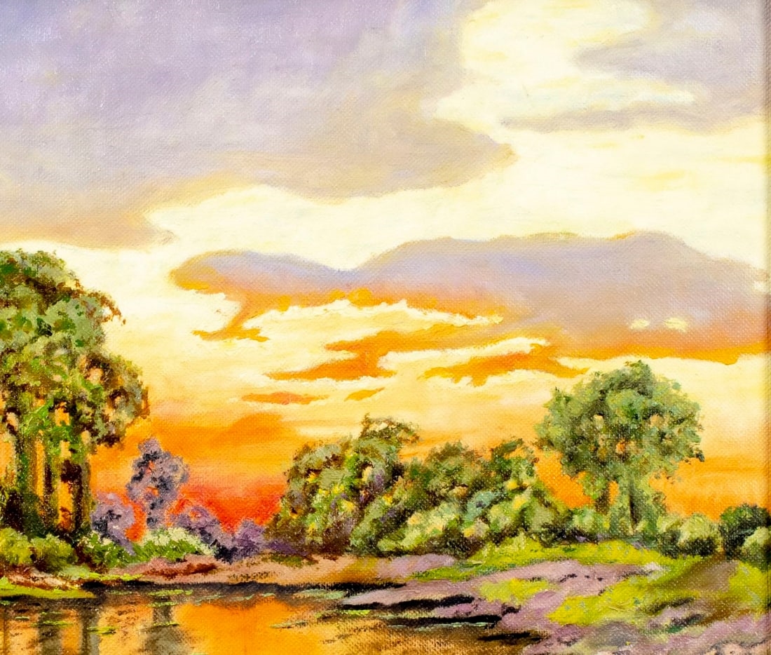 Artwork by Hope Vette, Sunset Pond Landscape, Made of oil on canvas. Canvas applied to board