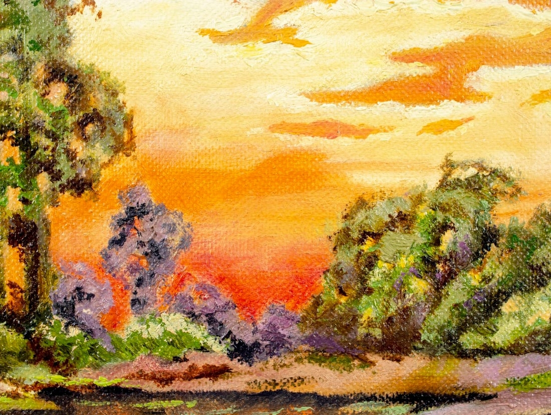 Artwork by Hope Vette, Sunset Pond Landscape, Made of oil on canvas. Canvas applied to board